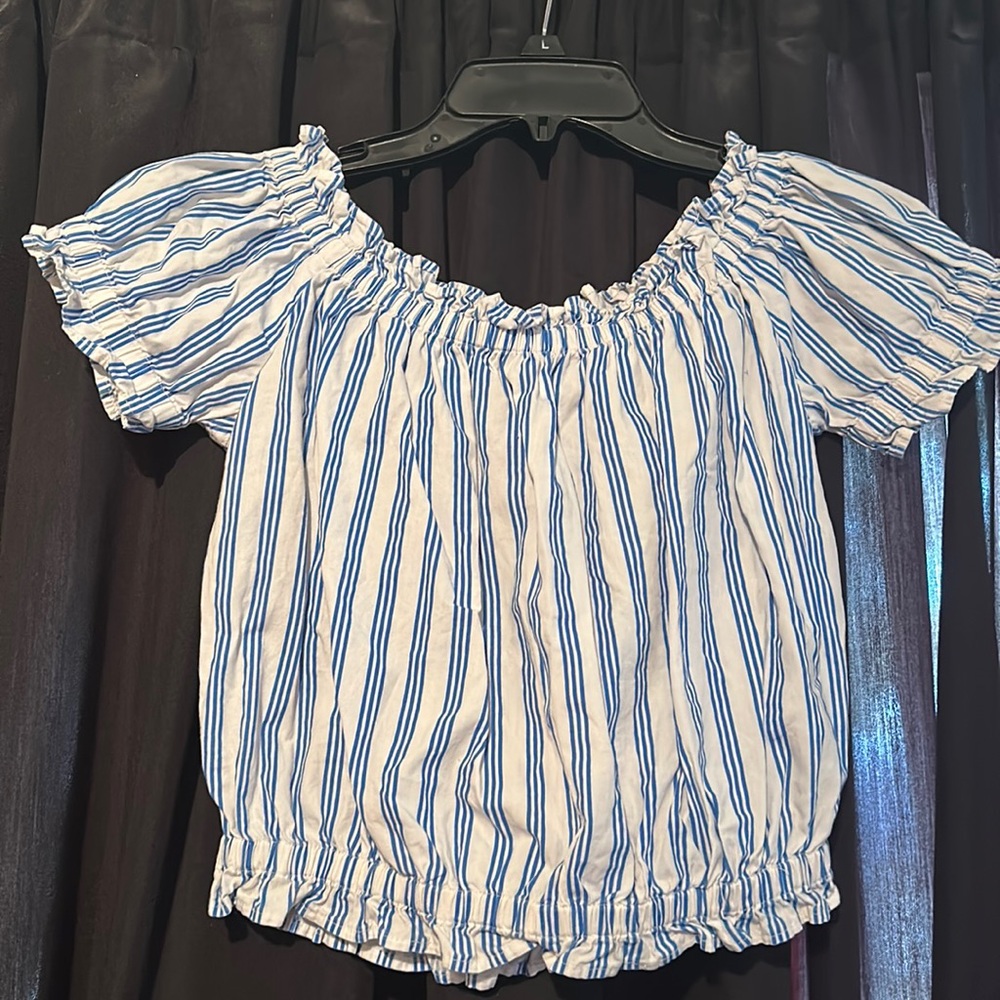 Girls 13-14 white with blue strips off shoulder shirt.  Forever 21 Girls
